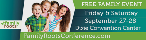 Green event banner with smiling kids promoting family roots conference