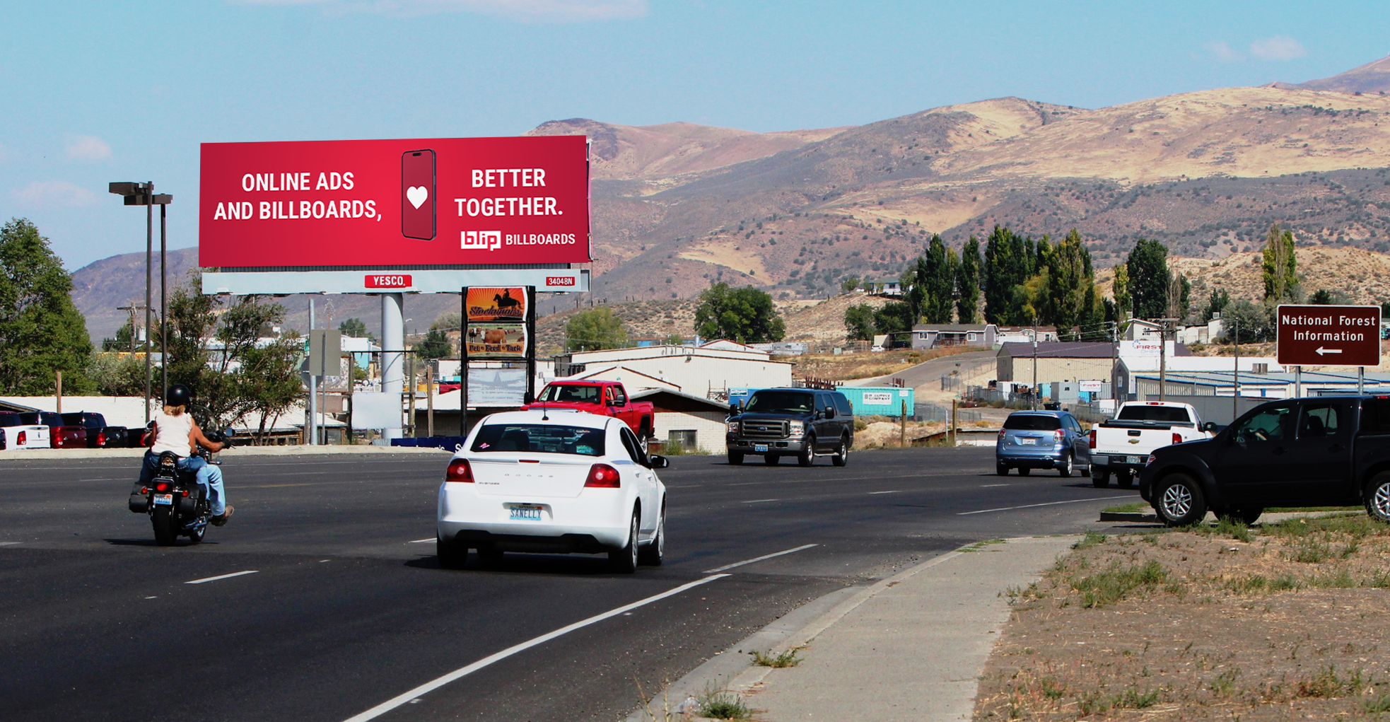 Cars on highway with roadside billboards