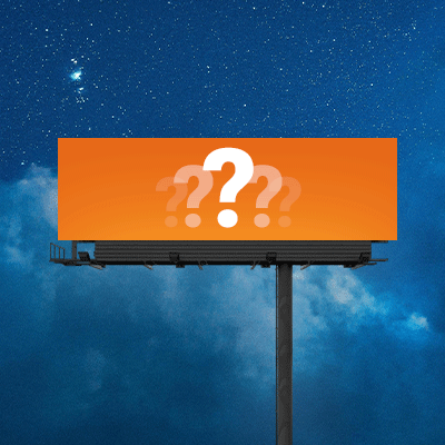 Digital billboard mockup with orange background and question marks.