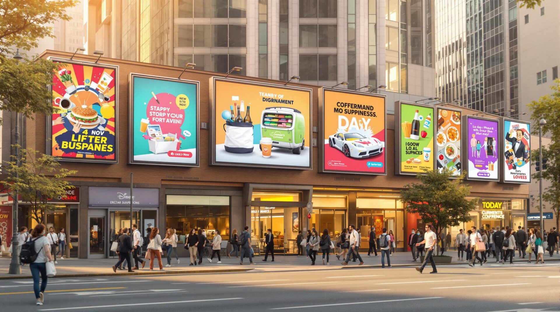 Busy city street with multiple vibrant billboards advertising food, drinks, electronics, and promotions.