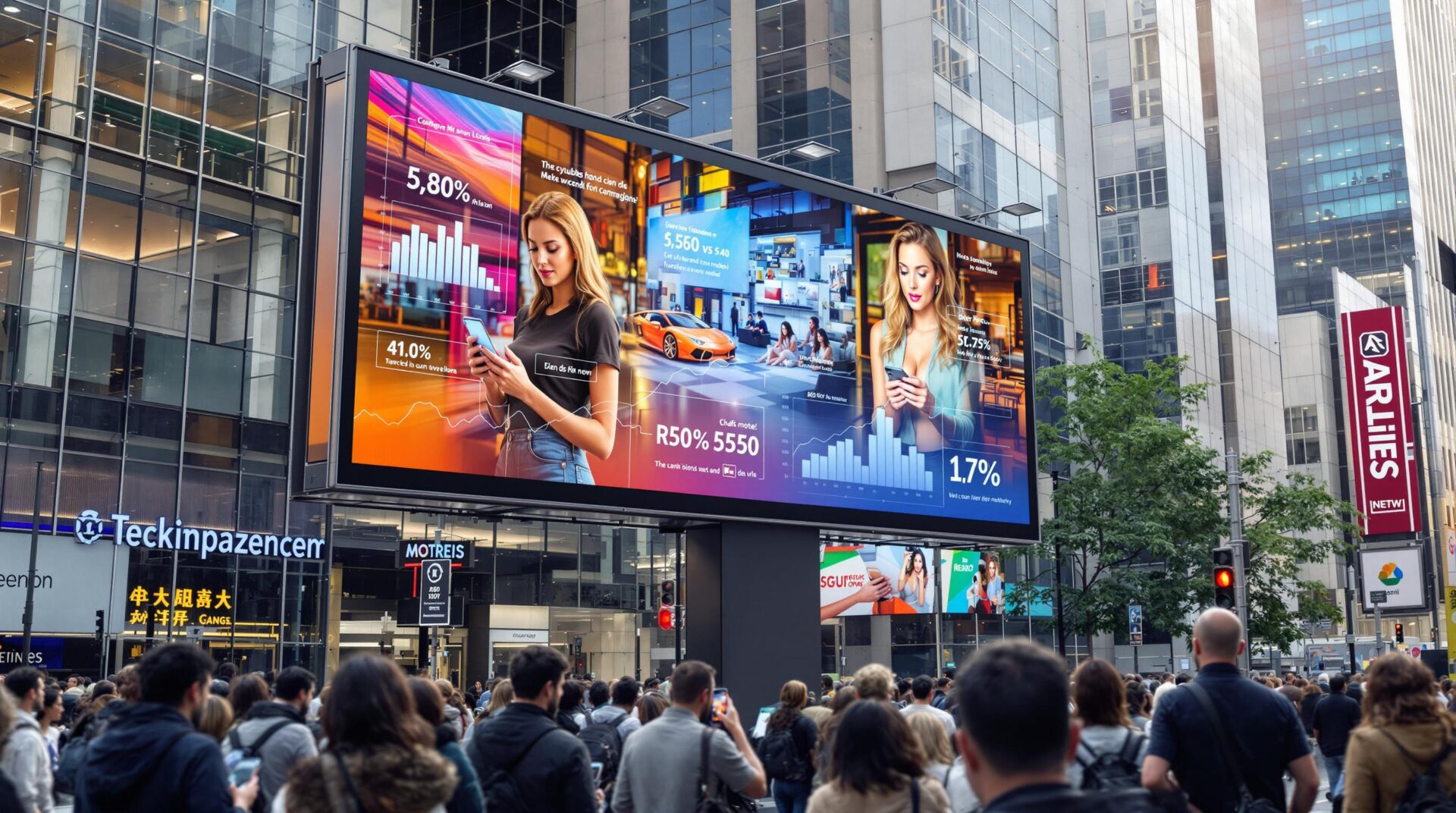 Huge outdoor digital billboard in a crowded city showing charts, graphs, and women using smartphones against a modern glass building backdrop.
