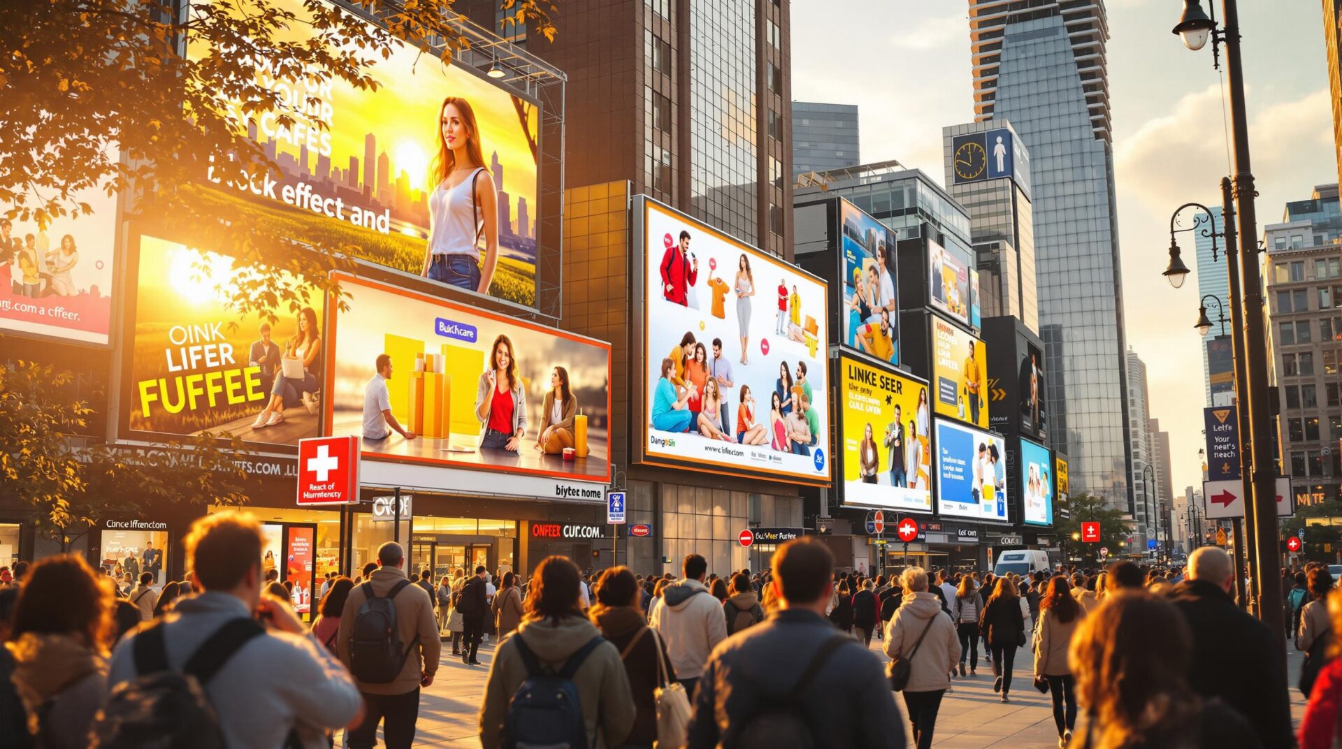 Crowded urban shopping street at sunset with large digital and print billboards showing various lifestyle ads.